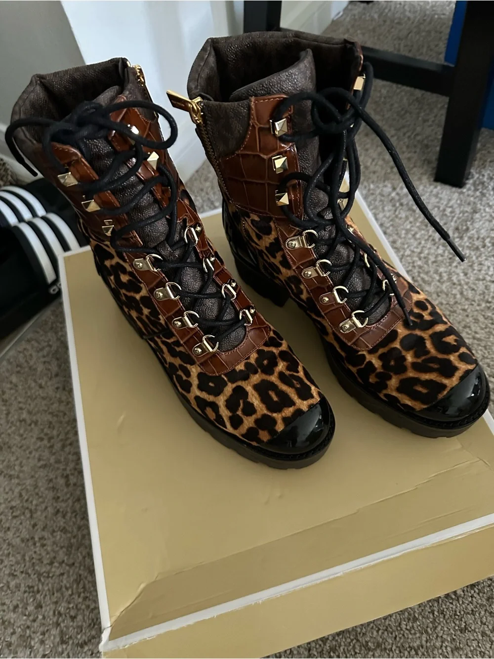 Michael Kors Women Leopard Print Lace-Up Combat Boots - Brown